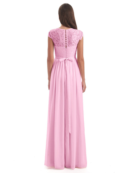 Yamileth A-line Floor Length Cap Sleeves Illusion Neckline Lace/Chiffon Long Bridesmaid Dresses