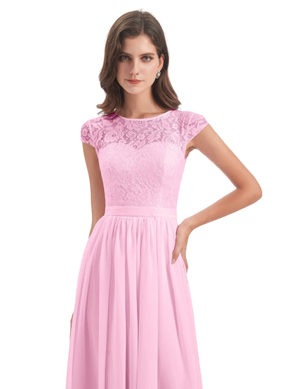 Yamileth A-line Floor Length Cap Sleeves Illusion Neckline Lace/Chiffon Long Bridesmaid Dresses