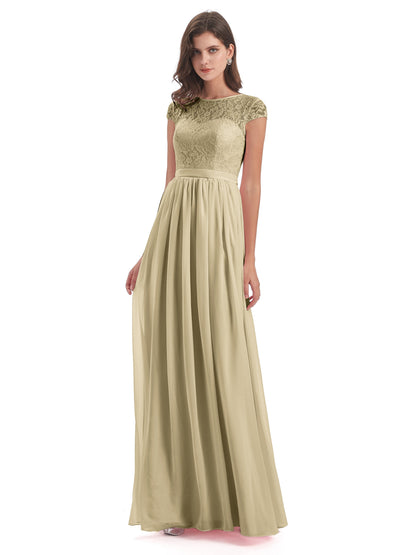 Yamileth A-line Floor Length Cap Sleeves Illusion Neckline Lace/Chiffon Long Bridesmaid Dresses