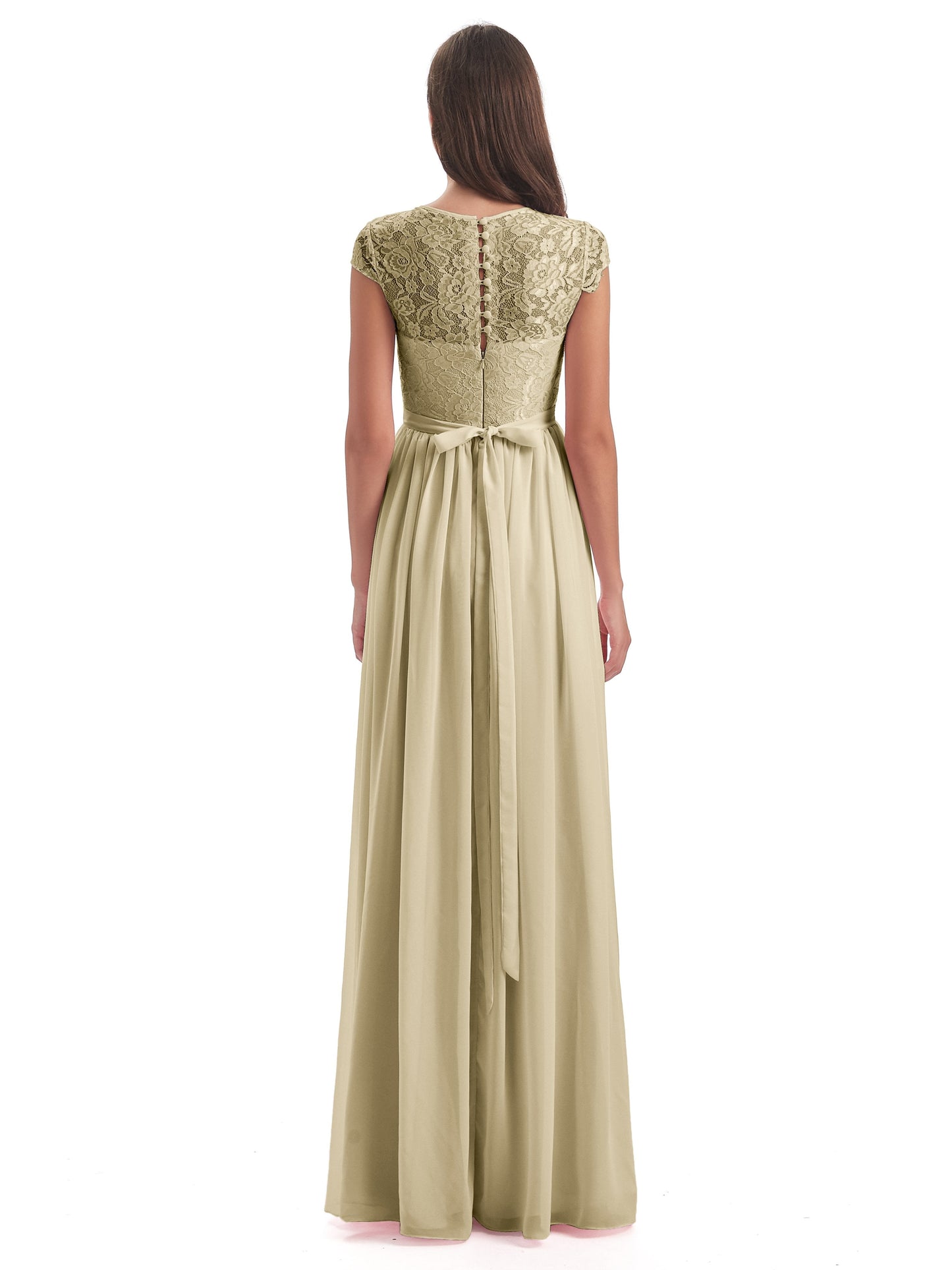 Yamileth A-line Floor Length Cap Sleeves Illusion Neckline Lace/Chiffon Long Bridesmaid Dresses