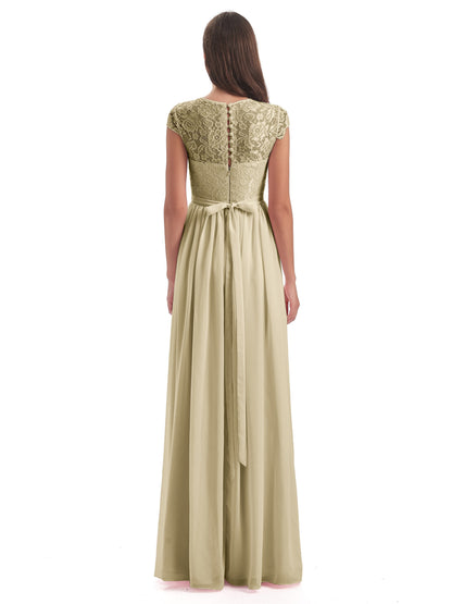 Yamileth A-line Floor Length Cap Sleeves Illusion Neckline Lace/Chiffon Long Bridesmaid Dresses
