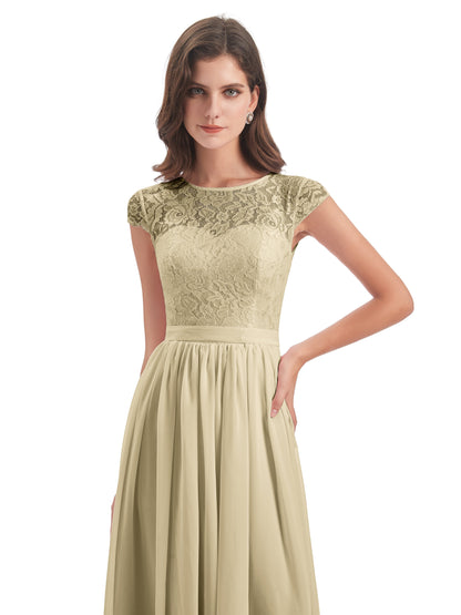 Yamileth A-line Floor Length Cap Sleeves Illusion Neckline Lace/Chiffon Long Bridesmaid Dresses