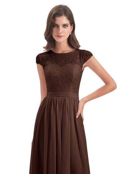 Yamileth A-line Floor Length Cap Sleeves Illusion Neckline Lace/Chiffon Long Bridesmaid Dresses