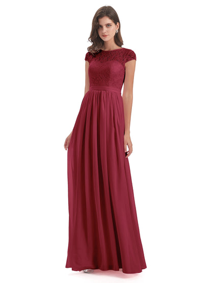 Yamileth A-line Floor Length Cap Sleeves Illusion Neckline Lace/Chiffon Long Bridesmaid Dresses