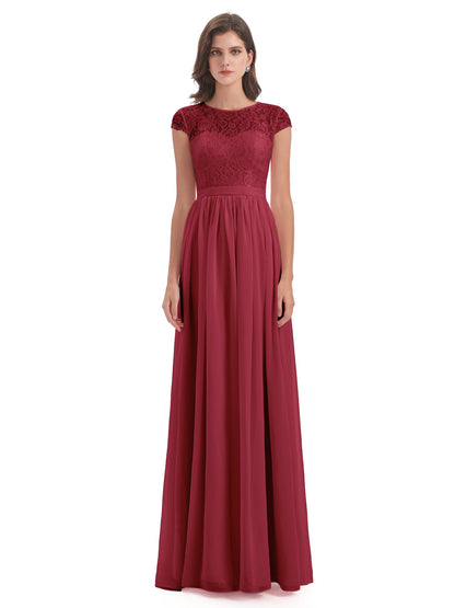Yamileth A-line Floor Length Cap Sleeves Illusion Neckline Lace/Chiffon Long Bridesmaid Dresses