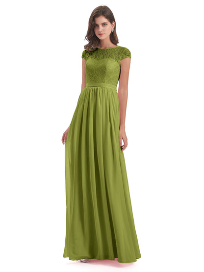 Yamileth A-line Floor Length Cap Sleeves Illusion Neckline Lace/Chiffon Long Bridesmaid Dresses