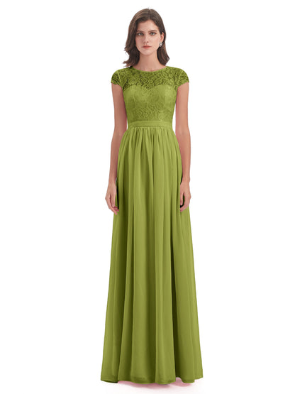 Yamileth A-line Floor Length Cap Sleeves Illusion Neckline Lace/Chiffon Long Bridesmaid Dresses
