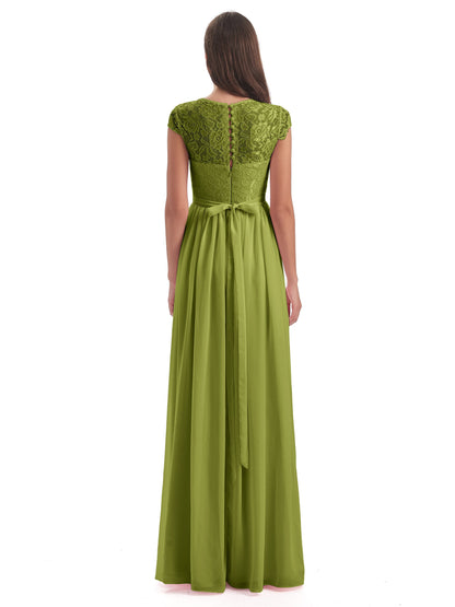 Yamileth A-line Floor Length Cap Sleeves Illusion Neckline Lace/Chiffon Long Bridesmaid Dresses