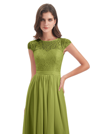 Yamileth A-line Floor Length Cap Sleeves Illusion Neckline Lace/Chiffon Long Bridesmaid Dresses