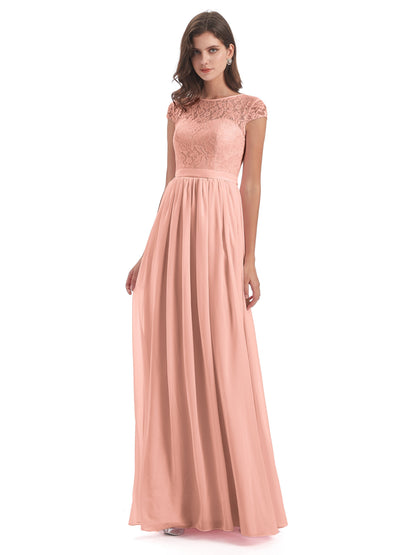 Yamileth A-line Floor Length Cap Sleeves Illusion Neckline Lace/Chiffon Long Bridesmaid Dresses