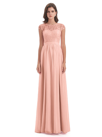 Yamileth A-line Floor Length Cap Sleeves Illusion Neckline Lace/Chiffon Long Bridesmaid Dresses