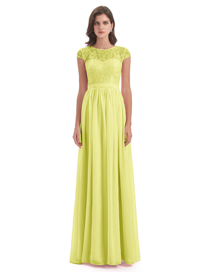 Yamileth A-line Floor Length Cap Sleeves Illusion Neckline Lace/Chiffon Long Bridesmaid Dresses