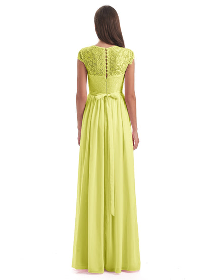 Yamileth A-line Floor Length Cap Sleeves Illusion Neckline Lace/Chiffon Long Bridesmaid Dresses