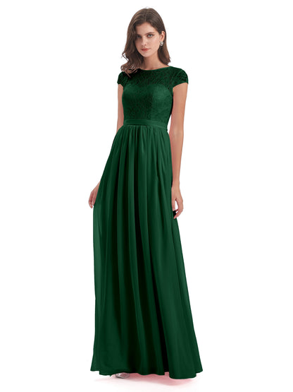 Yamileth A-line Floor Length Cap Sleeves Illusion Neckline Lace/Chiffon Long Bridesmaid Dresses