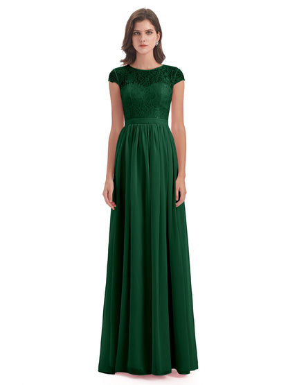 Yamileth A-line Floor Length Cap Sleeves Illusion Neckline Lace/Chiffon Long Bridesmaid Dresses
