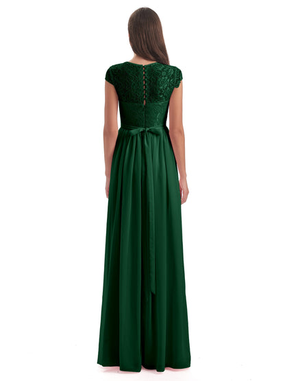 Yamileth A-line Floor Length Cap Sleeves Illusion Neckline Lace/Chiffon Long Bridesmaid Dresses