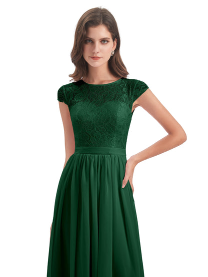 Yamileth A-line Floor Length Cap Sleeves Illusion Neckline Lace/Chiffon Long Bridesmaid Dresses