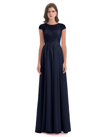 Yamileth A-line Floor Length Cap Sleeves Illusion Neckline Lace/Chiffon Long Bridesmaid Dresses