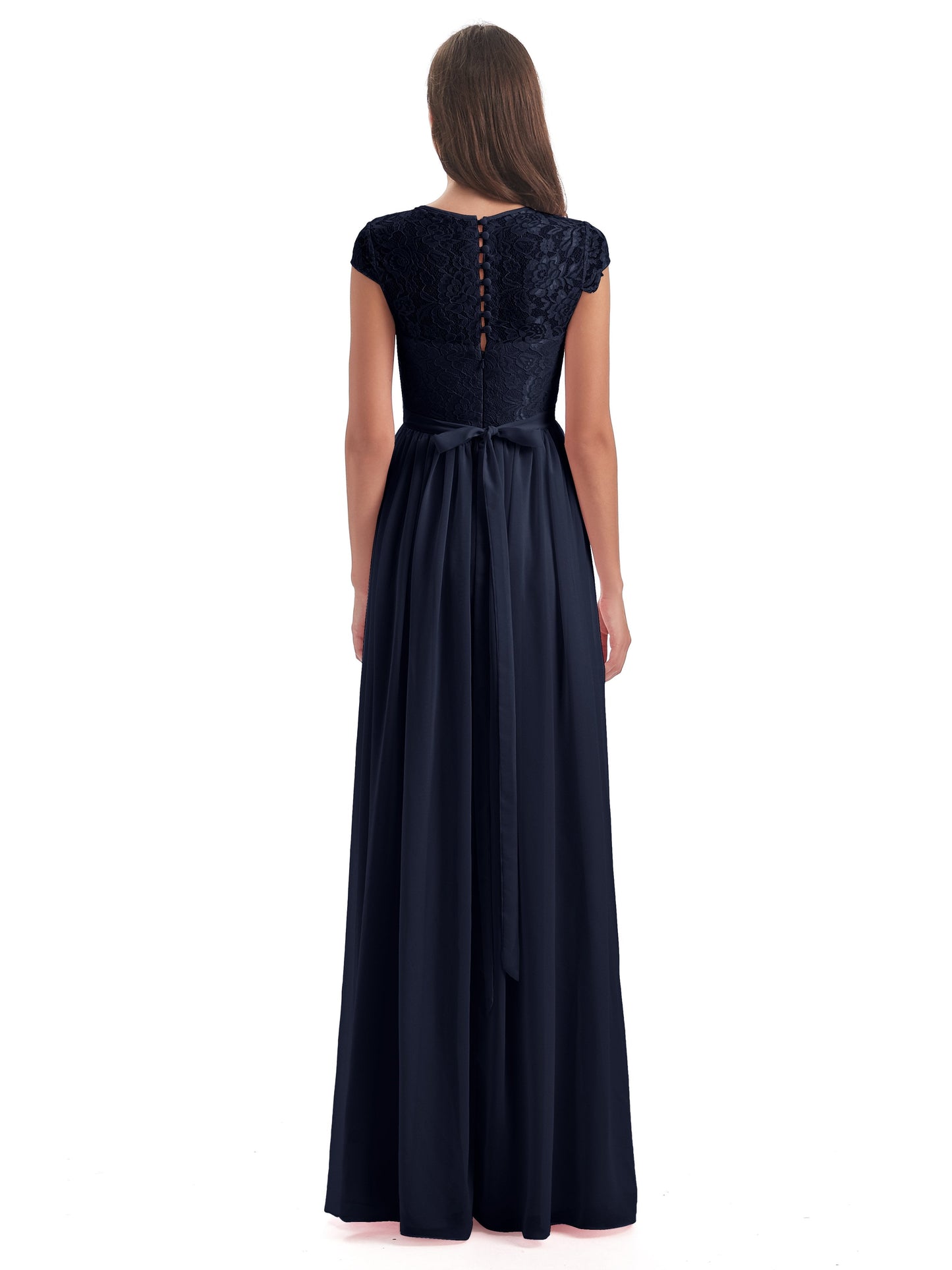 Yamileth A-line Floor Length Cap Sleeves Illusion Neckline Lace/Chiffon Long Bridesmaid Dresses