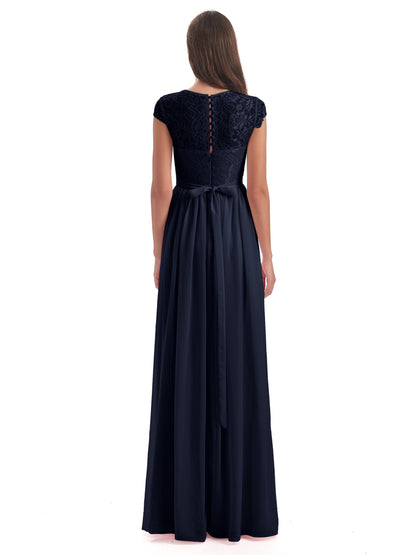 Yamileth A-line Floor Length Cap Sleeves Illusion Neckline Lace/Chiffon Long Bridesmaid Dresses