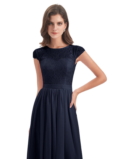 Yamileth A-line Floor Length Cap Sleeves Illusion Neckline Lace/Chiffon Long Bridesmaid Dresses