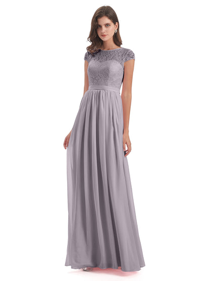 Yamileth A-line Floor Length Cap Sleeves Illusion Neckline Lace/Chiffon Long Bridesmaid Dresses