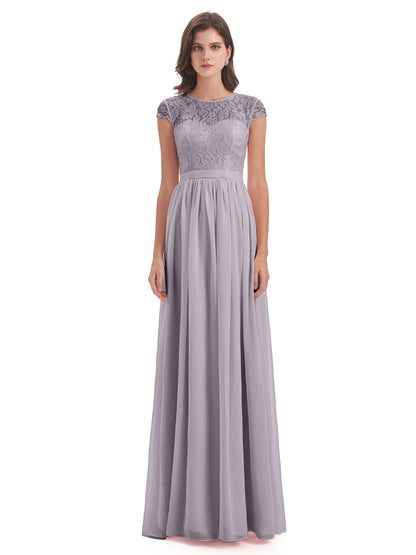 Yamileth A-line Floor Length Cap Sleeves Illusion Neckline Lace/Chiffon Long Bridesmaid Dresses