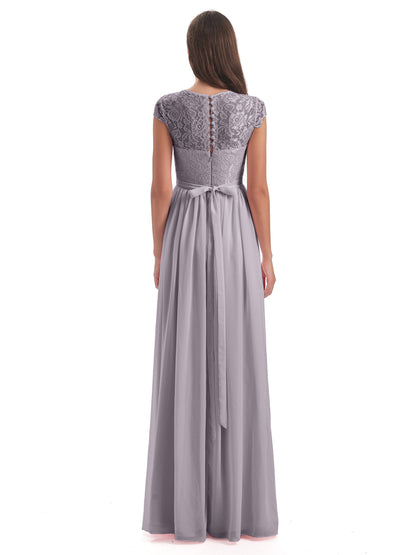 Yamileth A-line Floor Length Cap Sleeves Illusion Neckline Lace/Chiffon Long Bridesmaid Dresses