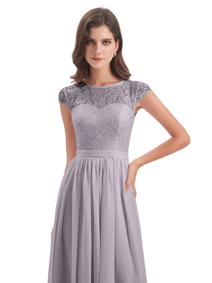 Yamileth A-line Floor Length Cap Sleeves Illusion Neckline Lace/Chiffon Long Bridesmaid Dresses