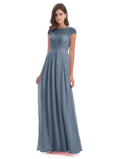 Yamileth A-line Floor Length Cap Sleeves Illusion Neckline Lace/Chiffon Long Bridesmaid Dresses