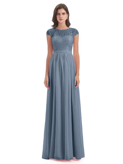 Yamileth A-line Floor Length Cap Sleeves Illusion Neckline Lace/Chiffon Long Bridesmaid Dresses