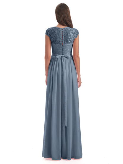 Yamileth A-line Floor Length Cap Sleeves Illusion Neckline Lace/Chiffon Long Bridesmaid Dresses
