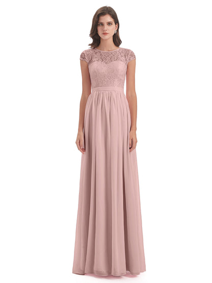 Yamileth A-line Floor Length Cap Sleeves Illusion Neckline Lace/Chiffon Long Bridesmaid Dresses
