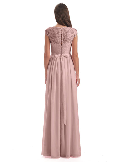 Yamileth A-line Floor Length Cap Sleeves Illusion Neckline Lace/Chiffon Long Bridesmaid Dresses