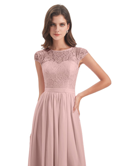 Yamileth A-line Floor Length Cap Sleeves Illusion Neckline Lace/Chiffon Long Bridesmaid Dresses