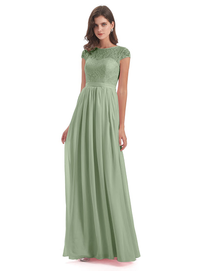 Yamileth A-line Floor Length Cap Sleeves Illusion Neckline Lace/Chiffon Long Bridesmaid Dresses