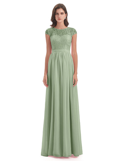 Yamileth A-line Floor Length Cap Sleeves Illusion Neckline Lace/Chiffon Long Bridesmaid Dresses