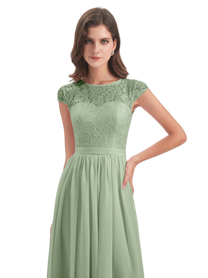 Yamileth A-line Floor Length Cap Sleeves Illusion Neckline Lace/Chiffon Long Bridesmaid Dresses