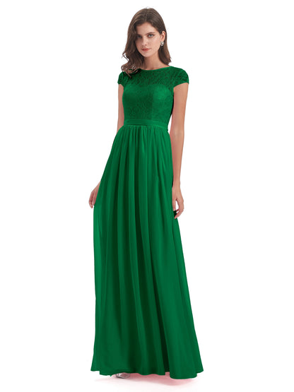 Yamileth A-line Floor Length Cap Sleeves Illusion Neckline Lace/Chiffon Long Bridesmaid Dresses