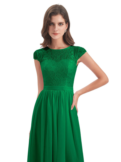 Yamileth A-line Floor Length Cap Sleeves Illusion Neckline Lace/Chiffon Long Bridesmaid Dresses