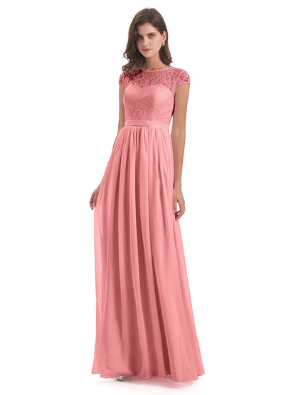 Yamileth A-line Floor Length Cap Sleeves Illusion Neckline Lace/Chiffon Long Bridesmaid Dresses