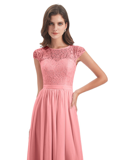 Yamileth A-line Floor Length Cap Sleeves Illusion Neckline Lace/Chiffon Long Bridesmaid Dresses