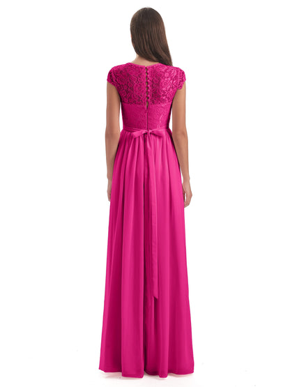 Yamileth A-line Floor Length Cap Sleeves Illusion Neckline Lace/Chiffon Long Bridesmaid Dresses