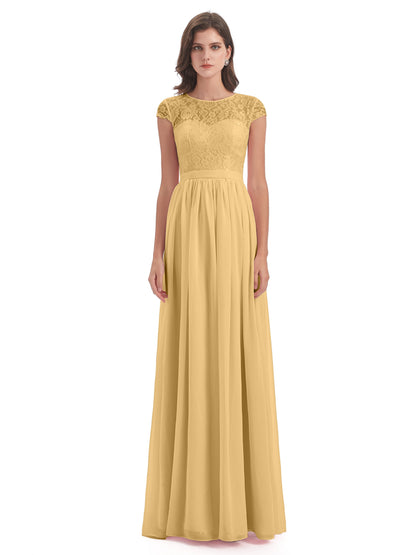 Yamileth A-line Floor Length Cap Sleeves Illusion Neckline Lace/Chiffon Long Bridesmaid Dresses