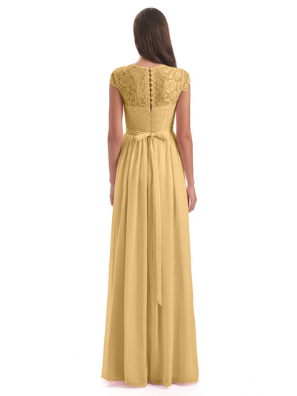Yamileth A-line Floor Length Cap Sleeves Illusion Neckline Lace/Chiffon Long Bridesmaid Dresses