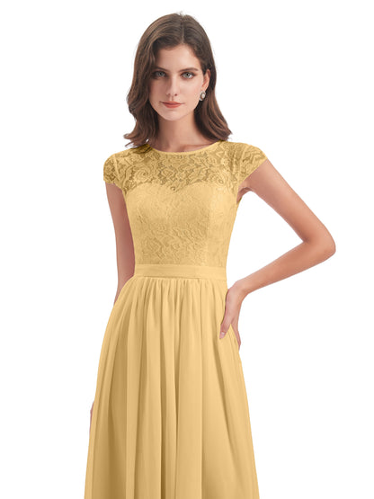 Yamileth A-line Floor Length Cap Sleeves Illusion Neckline Lace/Chiffon Long Bridesmaid Dresses