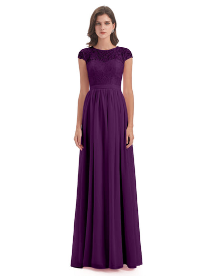 Yamileth A-line Floor Length Cap Sleeves Illusion Neckline Lace/Chiffon Long Bridesmaid Dresses