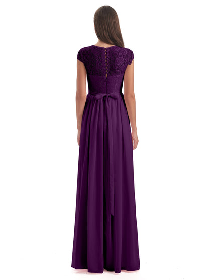 Yamileth A-line Floor Length Cap Sleeves Illusion Neckline Lace/Chiffon Long Bridesmaid Dresses
