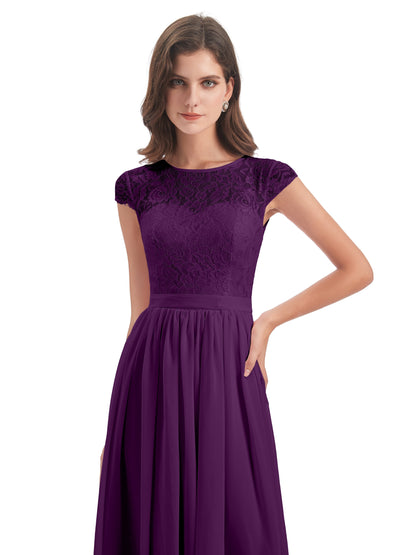 Yamileth A-line Floor Length Cap Sleeves Illusion Neckline Lace/Chiffon Long Bridesmaid Dresses