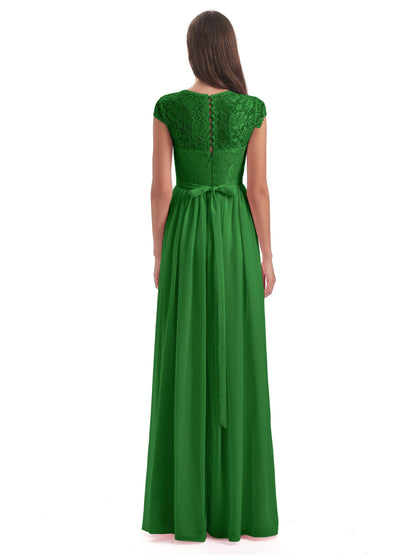Yamileth A-line Floor Length Cap Sleeves Illusion Neckline Lace/Chiffon Long Bridesmaid Dresses